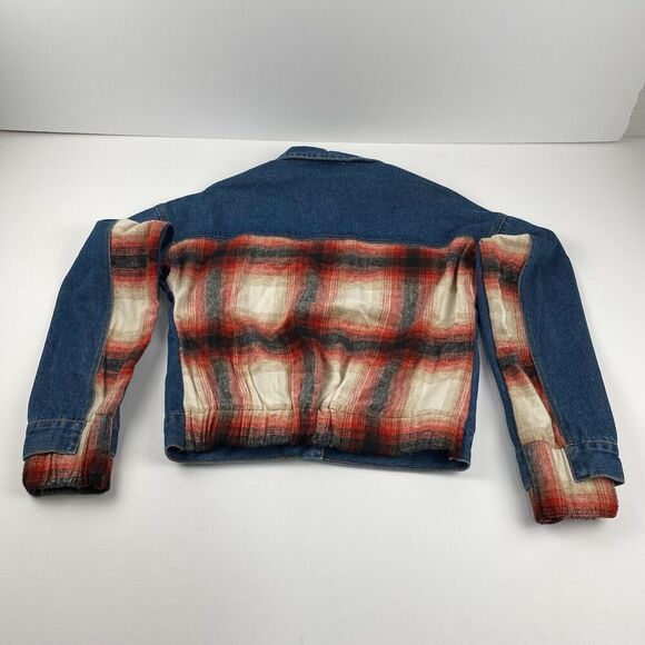 BKE Jacket Women Sz XS Relaxed Jean and plaid flannel Boho Trucker outdoor Blue - Picture 15 of 15
